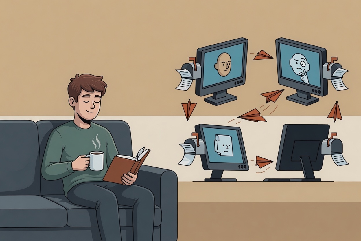 A developer sits comfortably on a couch reading a book with a coffee, while on the right side of the frame four computer terminals each have small mailboxes attached and paper-airplane messages fly directly between them — no longer through the human.