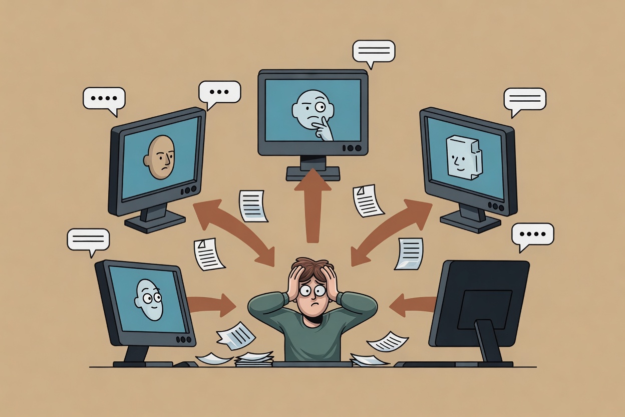 A developer surrounded by four AI agent terminals, ferrying messages by hand.